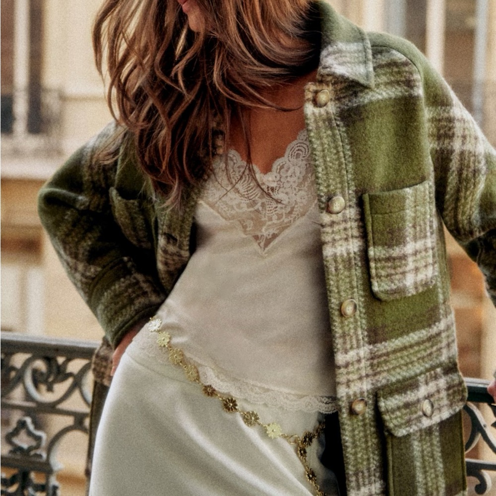 Sezane Green Checkered Utility Jacket